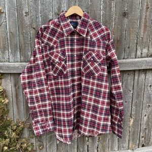 NOS Pearl Snaps Red Plaid Western Flannel Shirt Tartan Vintage AHM 1970s